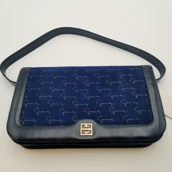 Vintage Dark Blue Suede Signature Givenchy Flap Shoulder Bag - Picture 1 of 11